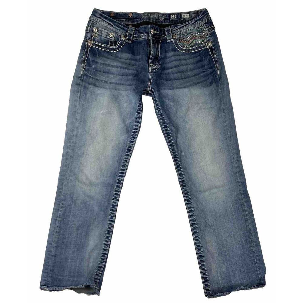 Miss Me Mid Rise Easy Cropped Jeans Women's Raw hem Medium Wash Blue Size 29 - Picture 1 of 16